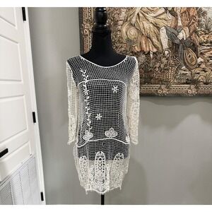 Solitaire Swim Cover Up Womens Small White Crochet Lace‎ Sheer Tunic 3/4 Sleeve